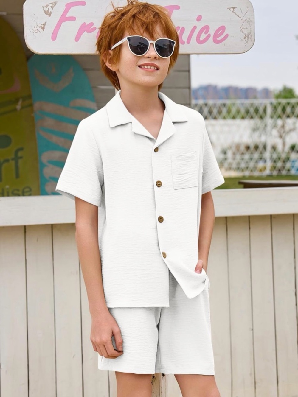 Kids White Short Sleeve Pajama Set - Classic Button-Up
